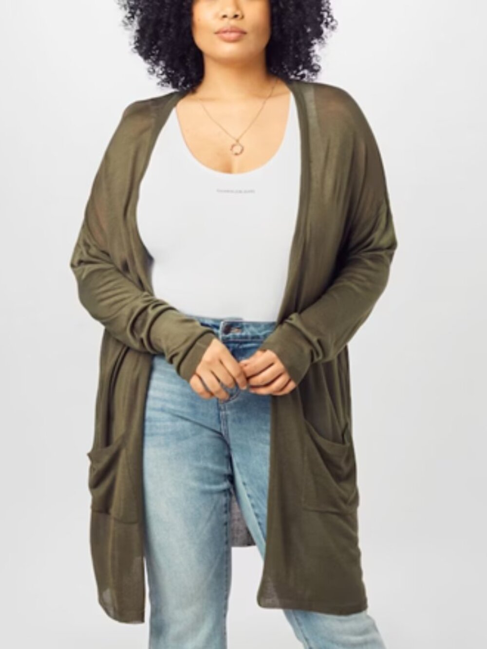 Kaffe Lightweight Long Sandra Open Cardigan In Olive Green - Picture 3 of 6